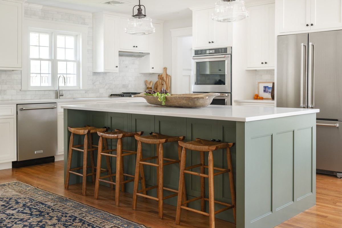 Beige Kitchen Cabinets With Gray Green Island Design Ideas