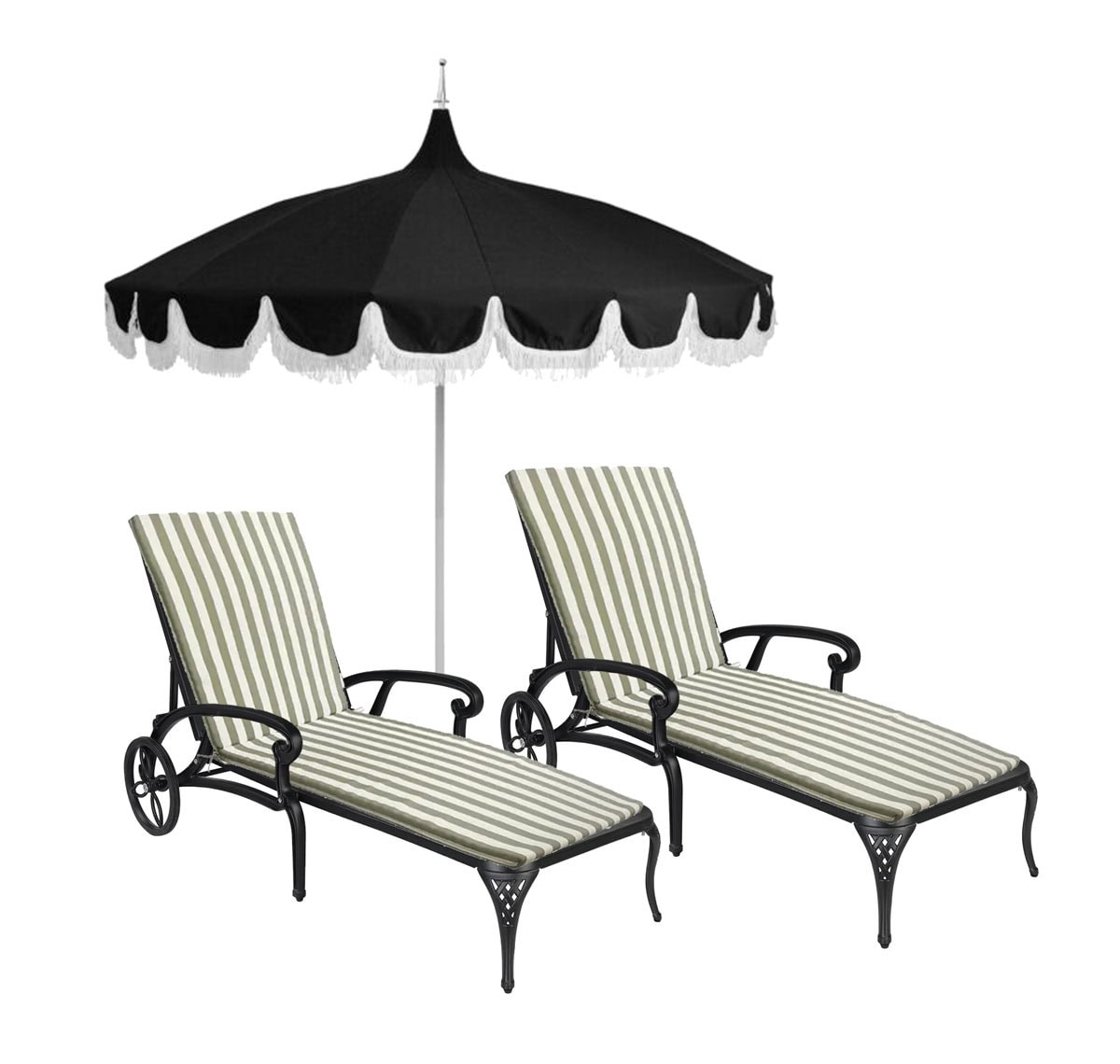 striped cabana chaise lounges with black pagoda fringe umbrella